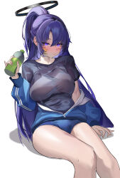 Rule 34 | 1girl, absurdres, blue archive, blush, bottle, breasts, buruma, gym uniform, halo, highres, holding, holding bottle, jacket, large breasts, long hair, looking at viewer, nose blush, off shoulder, ponytail, purple hair, shirt, sitting, solo, star (symbol), sticker on face, sweat, t-shirt, track jacket, very long hair, wet, wet clothes, wet shirt, yunk8553, yuuka (blue archive), yuuka (track) (blue archive)