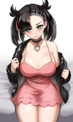 Rule 34 | 1girl, absurdres, alternate breast size, aqua eyes, asymmetrical bangs, bad id, bad pixiv id, bed sheet, black choker, black hair, blush, breasts, choker, cleavage, collarbone, commentary, creatures (company), dress, earrings, english commentary, game freak, hair ribbon, highres, jacket, jewelry, large breasts, long hair, long sleeves, looking away, looking to the side, marnie (pokemon), mingakk, nintendo, no bra, off shoulder, on bed, open clothes, open jacket, parted lips, pink dress, pink ribbon, pokemon, pokemon swsh, ribbon, single bare shoulder, single earring, sitting, solo, stud earrings, thigh gap, thighs, twintails, undressing, v-shaped eyebrows, white legwear