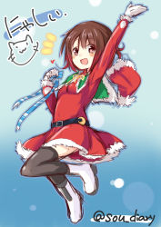 Rule 34 | 1girl, alternate costume, belt, black thighhighs, blue background, blush, boots, breasts, cat, christmas, collared dress, crescent, crescent pin, dress, full body, gloves, hat, unworn hat, unworn headwear, jumping, kantai collection, machinery, mutsuki (kancolle), red dress, red hair, santa costume, santa hat, short hair, small breasts, smile, solo, sou (soutennkouchi), text focus, thighhighs, twitter username