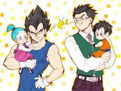 Rule 34 | 2boys, 2girls, :d, belt, black eyes, black hair, blue eyes, blue hair, bra (dragon ball), carrying, child, denim, dougi, dragon ball, dragonball z, dress, father and daughter, formal, frown, glasses, gloves, hand on own hip, happy, jeans, lightning glare, long sleeves, looking at another, looking away, manly, martial arts belt, multiple boys, multiple girls, necktie, ochanoko (get9-sac), open mouth, orange background, pan (dragon ball), pants, short hair, simple background, smile, son gohan, sweatdrop, vegeta, white background, wristband, yellow background