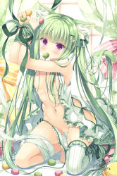 Rule 34 | 1girl, animal ear fluff, animal ears, areola slip, bare shoulders, bound, bound wrists, breasts, cat ears, cat girl, cat tail, dress, food, green hair, green ribbon, hair censor, holding, kneeling, long hair, looking at viewer, macaron, mouth hold, navel, no bra, open clothes, open dress, original, panties, panties around leg, purple eyes, ribbon, side-tie panties, single thighhigh, sleeveless, sleeveless dress, small breasts, solo, stomach, striped clothes, striped thighhighs, tail, takano yuki (allegro mistic), thighhighs, thighs, twintails, underwear, untied panties, very long hair, white dress, white panties, white ribbon