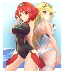 Rule 34 | 2girls, absurdres, back-to-back, black one-piece swimsuit, blonde hair, breasts, chest jewel, choker, competition swimsuit, covered navel, deekei, highres, large breasts, multiple girls, mythra (radiant beach) (xenoblade), mythra (xenoblade), nintendo, one-piece swimsuit, pyra (pro swimmer) (xenoblade), pyra (xenoblade), red eyes, red hair, swept bangs, swimsuit, thigh strap, tiara, white choker, white one-piece swimsuit, xenoblade chronicles (series), xenoblade chronicles 2, yellow eyes