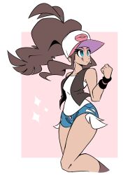 Rule 34 | 1girl, bare legs, baseball cap, black wristband, blue eyes, blue shorts, breasts, brown hair, creatures (company), curvy, floating hair, game freak, hat, highres, hilda (pokemon), leaning forward, licking lips, long hair, looking to the side, nintendo, poke ball print, pokemon, pokemon bw, print headwear, shirt, short shorts, shorts, simple background, smile, solo, standing, teeth, thecappuccino04, tongue, tongue out, white hat, white shirt, wide hips