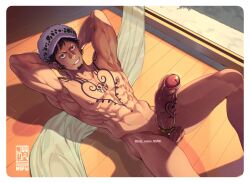 Rule 34 | 1boy, armpits, arms up, cock ring, earrings, hat, highres, jewelry, jezz mons art, male focus, muscular, muscular male, nude, one piece, pectorals, sex toy, solo, tattoo on penis, trafalgar law