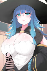 1girl bar_censor blue_eyes blue_hair blush breasts censored charlotte_wraith clothes erection green_eyes hat huge_breasts large_penis long_hair looking_at_viewer male_pubic_hair open_mouth penis pt pubic_hair tensei_kizoku_kantei_skill_de_nariagaru veins veiny_penis witch witch_hat