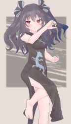 Rule 34 | bare shoulders, barefoot, black hair, breasts, dress, feet, hair ornament, hairclip, highres, long hair, martial arts, neptune (series), red eyes, skirt, small breasts, thighs, tsundere, twintails, two side up, uni (neptunia), yuni tofuparlor