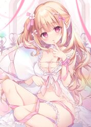 Rule 34 | 1girl, absurdres, babydoll, bare legs, bare shoulders, blonde hair, blush, bow, breasts, cleavage, collarbone, feet out of frame, finger to mouth, flower, frilled babydoll, hair flower, hair ornament, hair ribbon, hand up, head tilt, highres, indoors, knees up, long hair, looking at viewer, medium breasts, navel, hugging object, on bed, open mouth, original, pillow, pillow hug, pink bow, pink eyes, pink flower, pink ribbon, ribbon, shirosei mochi, side ponytail, sidelocks, sitting, solo, stomach, bridal garter, white babydoll