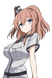 Rule 34 | 1girl, blue eyes, breast pocket, breasts, brown hair, dress, grey neckerchief, hair between eyes, high side ponytail, highres, kantai collection, large breasts, long hair, looking at viewer, neckerchief, one-hour drawing challenge, pocket, ponytail, sakikumo (sakumo), saratoga (kancolle), saratoga mk ii (kancolle), side ponytail, simple background, solo, standing, upper body, white background, white dress