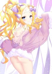 Rule 34 | 1girl, abigail williams (fate), ass, back, bandaid, bandaid on face, bandaid on forehead, bare shoulders, bell, blonde hair, blue eyes, blush, bow, closed mouth, crossed bandaids, fate/grand order, fate (series), forehead, fur-trimmed jacket, fur trim, hair bell, hair bow, hair ornament, hood, hooded jacket, jacket, key, long hair, long sleeves, looking at viewer, looking back, multiple bows, no panties, off shoulder, orange bow, parted bangs, pola (1021), polka dot, polka dot bow, ponytail, purple bow, purple jacket, sidelocks, sleeves past fingers, sleeves past wrists, smile, solo, stuffed animal, stuffed toy, teddy bear, thighs, very long hair
