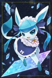 Rule 34 | alopias, blue eyes, blue hair, bright pupils, creatures (company), game freak, gen 4 pokemon, glaceon, glaceon (tea party), headdress, ice, long hair, maid, nintendo, open mouth, pokemon, pokemon (creature), pokemon unite, ribbon, sidelocks, smile, solo, white pupils