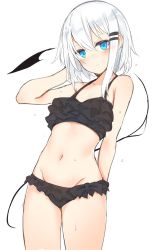 Rule 34 | 1girl, arm at side, bare arms, bare shoulders, bikini, black bikini, blue eyes, blush, closed mouth, collarbone, commentary request, cowboy shot, frilled bikini, frills, frown, groin, hair ornament, hairclip, hand in own hair, hand up, highres, looking at viewer, navel, original, otokuyou, ringo-chan (otokuyou), simple background, solo, stomach, swimsuit, wet, white background, white hair