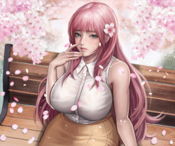Rule 34 | 1girl, aqua eyes, bare shoulders, beige skirt, bench, blush, breasts, cherry blossoms, closed mouth, collared shirt, dress shirt, falling petals, finger to face, flower, from above, hair flower, hair ornament, highres, korean commentary, large breasts, long hair, looking at viewer, milkychu, original, outdoors, park bench, petals, pink hair, pink lips, shirt, sidelocks, sitting, sleeveless, sleeveless shirt, solo, white shirt