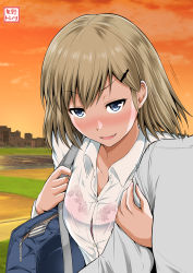 Rule 34 | bag, blue eyes, blush, bra, breasts, carrying, cityscape, commentary request, fang, hair ornament, hairclip, hand on another&#039;s arm, highres, leaning on person, light brown hair, looking at viewer, medium breasts, necktie, unworn necktie, open mouth, original, pink bra, river, sabo rin, saborou, school bag, school uniform, see-through, shirt, short hair, shoulder bag, shoulder carry, smile, solo focus, sunset, underwear, wet, wet clothes, wet shirt, white shirt, yano toshinori