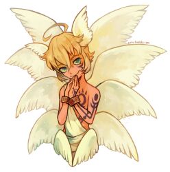 1boy angel angel_boy blonde_hair digimon digimon_(creature) digital_hazard highres holy_ring lucemon male_focus solo wings