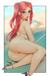 Rule 34 | 1girl, armpit crease, ass, night angel (last origin), bababababan, back, brown eyes, food, high heels, highres, last origin, legs, long hair, looking at viewer, one-piece swimsuit, open mouth, partially visible vulva, popsicle, red hair, saliva, saliva trail, sandals, sitting, solo, swimsuit, tongue, tongue out, two side up, wedgie, white one-piece swimsuit