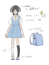Rule 34 | 1girl, alternate design, alternate name spelling, arms at sides, ascot, backpack, bag, bandaged arm, bandaged leg, bandages, bandaid, bandaid on neck, black hair, black socks, blue bag, blue dress, blue eyes, character profile, collared shirt, commentary request, dress, full body, gureru (r grey1204), half-closed eyes, heart, heart-shaped pupils, highres, holding, holding scissors, kaai yuki, kneehighs, looking at viewer, pinafore dress, raised eyebrows, randoseru, scissors, shirt, shoes, short hair, short sleeves, short twintails, simple background, single kneehigh, single sock, sleeveless, sleeveless dress, smile, socks, solo, standing, symbol-shaped pupils, tachi-e, translation request, twintails, unworn bag, uwabaki, vocaloid, white background, white shirt, yandere, yellow ascot