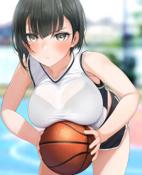 Rule 34 | 1girl, ball, bare arms, basketball, basketball (object), basketball uniform, black hair, black shorts, blurry, blurry background, blush, bra visible through clothes, breast rest, breasts, closed mouth, fed (giba), grey eyes, holding, holding ball, large breasts, leaning forward, original, shirt, short hair, short shorts, shorts, sleeveless, sleeveless shirt, solo, sportswear, v-shaped eyebrows, white shirt