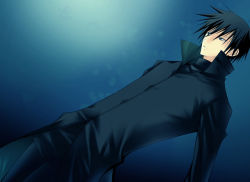 Rule 34 | 00s, 1boy, black coat, black hair, blue eyes, buttons, closed mouth, coat, darker than black, dutch angle, expressionless, falling, gradient background, hair between eyes, hei (darker than black), long coat, long sleeves, looking away, looking to the side, male focus, short hair, solo, upper body, vanilla (artist), vanilla (nicolla)