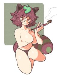 Rule 34 | 1girl, :3, animal ears, breasts, brown eyes, brown hair, brown panties, collarbone, commentary, covered erect nipples, english commentary, full body, futatsuiwa mamizou, glasses, green background, half-closed eyes, holding, holding smoking pipe, inkerton-kun, kiseru, large breasts, leaf, leaf on head, looking at viewer, navel, panties, raccoon ears, raccoon girl, raccoon tail, short hair, smoke, smoking, smoking pipe, solo, stomach, tail, topless, touhou, two-tone background, underwear, white background