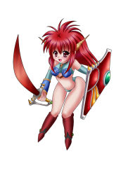 Rule 34 | 1girl, breasts, dragon half, female focus, full body, mink (dragon half), red hair, shield, simple background, solo, sword, weapon, white background