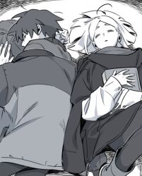 Rule 34 | 2boys, ainsley (adey), androgynous, arm pillow, book, boots, closed eyes, greyscale, jacket, long sleeves, lying, male focus, medium hair, monochrome, multiple boys, on back, on side, original, pants, parted hair, ray (adey), short hair, simple background, sleeping, ten (lu2948d), trap, under covers, unworn jacket