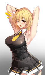 Rule 34 | 1girl, armpits, blonde hair, elze (s01047480836), haru estia, highres, open mouth, simple background, skirt, soulworker