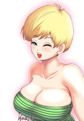 Rule 34 | 1girl, artist name, bare arms, bare shoulders, blonde hair, blue eyes, blush, breasts, cleavage, collarbone, dragon ball, dragonball z, earrings, erasa (dragon ball), female focus, green tube top, half-closed eyes, happy, hoop earrings, jewelry, large breasts, looking at viewer, one eye closed, open mouth, short hair, simple background, smile, solo, strapless, striped, teeth, tongue, tube top, upper body, upper teeth only, wink