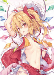 Rule 34 | 1girl, arm up, ascot, bed sheet, blonde hair, blush, bow, breasts, collarbone, commentary request, cowboy shot, crystal, fang, flandre scarlet, hair between eyes, hair bow, hat, head tilt, long hair, lying, mob cap, navel, on back, one side up, open clothes, open mouth, open shirt, open skirt, panties, petticoat, pink panties, red bow, red eyes, red skirt, riichu, shirt, side-tie panties, skirt, small breasts, solo, stomach, touhou, underwear, unworn hat, unworn headwear, white hat, white shirt, wings, wrist cuffs, yellow ascot