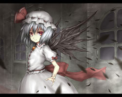 Rule 34 | 1girl, bad id, bad pixiv id, female focus, hat, letterboxed, red eyes, remilia scarlet, short hair, silver hair, solo, takemori shintarou, touhou, window, wings