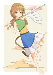 Rule 34 | 1girl, :3, absurdres, aqoot, arms up, bare shoulders, barefoot, blush, border, brown hair, brown tail, circlet, closed mouth, cloud, commentary request, detached sleeves, dress, feet, frilled dress, frills, full body, hair tie, highres, holding, holding staff, long hair, looking at viewer, low twintails, monkey tail, multicolored clothes, multicolored dress, outside border, pink clouds, red eyes, ruyi jingu bang, single detached sleeve, sleeveless, sleeveless dress, solo, son biten, staff, standing, standing on one leg, tail, touhou, twintails, white border, white sleeves, wide sleeves, yellow background, yellow clouds