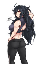 Rule 34 | 10s, 1girl, absurdres, ahoge, airisubaka, bare shoulders, black hair, breasts, daidouji (senran kagura), highres, large breasts, long hair, looking at viewer, looking back, mole, mole under eye, muscular, muscular female, pants, red eyes, senran kagura, signature, simple background, solo, standing, white background