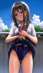 Rule 34 | 1girl, black hair, black skirt, blue eyes, blue one-piece swimsuit, blue sky, bow, bowtie, clothes lift, cloud, competition swimsuit, covered navel, cowboy shot, day, dress shirt, groin, highres, long hair, looking at viewer, one-piece swimsuit, original, outdoors, railing, school uniform, shirt, skirt, skirt lift, sky, solo, standing, striped bow, striped bowtie, striped clothes, swimsuit, white shirt, yukemuriganmo