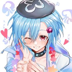 Rule 34 | 1boy, arknights, bishounen, blue hair, blush, chinese commentary, from above, hair ornament, hairpin, hand on another&#039;s cheek, hand on another&#039;s face, hat, heart, highres, infection monitor (arknights), male focus, mizuki (arknights), one eye closed, pov, red eyes, short hair, smile, solo, trap, upper body, wolengquanzashihaodaizijizuofannizhichihaizhihuizaniyoushemeyong?
