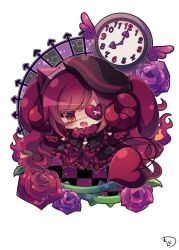 Rule 34 | 1girl, :d, beret, black capelet, black dress, black hat, blush, broken heart, brown hair, capelet, checkered floor, chibi, clock, commentary request, curled horns, demon girl, demon horns, demon tail, dress, eyepatch, fang, fire, frilled capelet, frills, fur collar, gothic lolita, hat, head tilt, heart, heart eyepatch, highres, horns, lolita fashion, muuran, no shoes, open mouth, original, pantyhose, purple hair, red pantyhose, signature, smile, solo, star (symbol), tail, white background