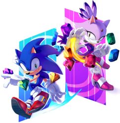 Rule 34 | 1boy, 1girl, animal ears, blaze the cat, cat ears, chaos emerald, chaosc0ntr0l, commentary, english commentary, furry, furry female, furry male, gem, gloves, green eyes, high heels, open hands, pink footwear, pointing, purple eyes, red footwear, smile, sonic (series), sonic rush, sonic the hedgehog, white gloves