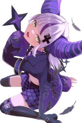 Rule 34 | 1girl, absurdres, ahoge, armband, belt, black belt, black footwear, black hair, blush, boots, choker, colored tips, commentary, crop top, cross hair ornament, ear piercing, earrings, falling feathers, fang, feathers, hair ornament, highres, hololive, horns, jacket, jewelry, la+ darknesss, la+ darknesss (casual), lavirince, long sleeves, looking at viewer, midriff, multicolored hair, navel, open clothes, open jacket, open mouth, piercing, plaid, plaid skirt, pleated skirt, purple choker, purple hair, purple jacket, purple skirt, simple background, sitting, skirt, sleeves past fingers, sleeves past wrists, solo, thigh boots, virtual youtuber, wariza, white background, white hair, yellow eyes
