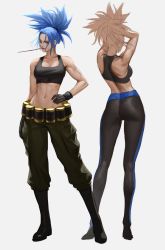 Rule 34 | 1girl, absurdres, adjusting hair, ammunition, ass, bare shoulders, belt, black footwear, black tank top, blue eyes, blue hair, cargo pants, collarbone, commentary, crop top, earrings, english commentary, facing away, facing viewer, from behind, hair tie, high ponytail, highres, in mouth, jewelry, leona heidern, looking at viewer, midriff, military, military uniform, muscular, muscular female, navel, pants, pantyhose, ponytail, red lips, sketch, skin tight, snk, stomach, taekwon kim, tank top, the king of fighters, toned, uniform, yoga pants