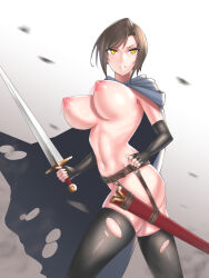 Rule 34 | 1girl, armpits, ass, belt, belt buckle, black thighhighs, bouncing breasts, breasts, brown hair, buckle, cape, cloak, cowboy shot, fingerless gloves, from side, gloves, holding, holding sword, holding weapon, large breasts, looking back, naked cloak, navel, nipples, nude, open mouth, original, scabbard, sheath, short hair, solo, sword, thighhighs, torn cape, torn clothes, torn thighhighs, turning around, vvv (vvv98048917), warrior, weapon, wind, yellow eyes