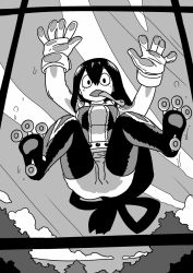 Rule 34 | 10s, 1girl, diamond mouth, against glass, all fours, asui tsuyu, belt, bodysuit, boku no hero academia, cloud, eyelashes, frog girl, glass, gloves, greyscale, hair between eyes, hair rings, long hair, long tongue, looking at viewer, low-tied long hair, monochrome, o den, open mouth, solo, tongue, tongue out, tree, webbed feet, window