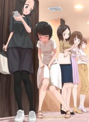 Rule 34 | 5girls, ^ ^, air duct, bag, bathroom, belt, between legs, black eyes, black footwear, black hair, black pantyhose, black shorts, blue skirt, blush, breasts, brown footwear, brown hair, cellphone, clenched hand, closed eyes, commission, cross-laced footwear, crossed arms, dress, embarrassed, female focus, forehead, full body, green shirt, hand between legs, hand to own mouth, hand up, have to pee, high-waist skirt, high heels, highres, holding, holding bag, holding phone, indoors, long sleeves, looking at another, looking back, looking down, matching hair/eyes, multiple girls, nose blush, original, pants, pantyhose, parted bangs, pee, peeing, peeing self, pencil skirt, phone, puddle, purple skirt, queue, sandals, shirt, shirt tucked in, shoes, shopping bag, short hair, short sleeves, shorts, sidelocks, skeb commission, skirt, small breasts, smartphone, sneakers, standing, striped clothes, striped shirt, surprised, swept bangs, tears, tile floor, tiles, urabe miyabi, wet, wet clothes, white dress, white footwear, white shirt, yellow footwear, yellow pants, yellow shirt