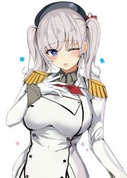 Rule 34 | 1girl, absurdres, bad id, bad twitter id, beret, blue eyes, blush, breasts, epaulettes, gloves, hanasaka houcha, hat, highres, kantai collection, kashima (kancolle), large breasts, long hair, long sleeves, mole, mole under eye, one eye closed, open mouth, silver hair, simple background, solo, twintails, upper body, wavy hair, white background, white gloves