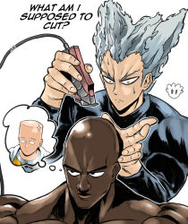 3boys bald choso_giving_toudou_a_haircut_(meme) chougoukin_kurobikari commentary dark-skinned_male dark_skin devovas english_commentary english_text frown garou_(one-punch_man) grey_hair hair_clipper hair_horns holding male_focus meme multiple_boys muscular muscular_male one-punch_man saitama_(one-punch_man) shiny_skin signature smile thought_bubble v-shaped_eyebrows very_dark_skin widow&#039;s_peak yellow_eyes