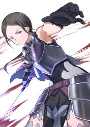Rule 34 | 1girl, absurdres, armor, armored dress, armpits, asymmetrical gloves, black dress, black gloves, black hair, breastplate, capelet, closed mouth, cowboy shot, dress, faulds, floating hair, frown, gloves, grey eyes, grey thighhighs, highres, holding, holding sword, holding weapon, leaning forward, long hair, mosta (lo1777789), parted bangs, ponytail, purple capelet, sheyta synthesis twelve, solo, sword, sword art online, thighhighs, torn clothes, torn dress, uneven gloves, weapon, white background