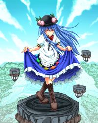 Rule 34 | 1girl, blue hair, boots, bow, bowtie, cloud, cross-laced footwear, curtsey, day, dress, fingernails, floating rock, food, fruit, full body, hair between eyes, hat, highres, hinanawi tenshi, holding, lace-up boots, landscape, crossed legs, long hair, looking at viewer, peach, pinky out, red eyes, rock, rope, scenery, shiba meiji, shide, shimenawa, short sleeves, skirt hold, sky, smile, solo, standing, touhou, water, watson cross