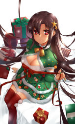 Rule 34 | 1girl, absurdres, arm support, bell, blush, bow, breasts, brown hair, candy, candy cane, capelet, chilunchilun, choker, christmas, christmas ornaments, cleavage, crossed ankles, detached sleeves, dress, floating hair, food, from above, fur-trimmed capelet, fur-trimmed dress, fur-trimmed sleeves, fur trim, gift, girls&#039; frontline, green capelet, green nails, hair ornament, highres, holding, holding ribbon, large breasts, layered dress, long hair, long sleeves, looking at viewer, multicolored clothes, multicolored dress, nail polish, neck bell, pinching, purple eyes, red nails, red thighhighs, ribbon, ribbon choker, short dress, sitting, smile, solo, star (symbol), star hair ornament, strapless, strapless dress, thighhighs, thighs, type 64 (girls&#039; frontline), very long hair, zettai ryouiki