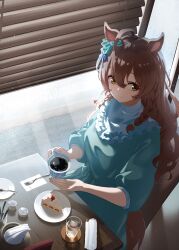 Rule 34 | 1girl, absurdres, ahoge, animal ears, bow, braid, brown eyes, brown hair, cake, coffee, commentary request, cup, dress, food, fork, from above, green bow, green dress, hair between eyes, highres, holding, holding cup, horse ears, horse girl, horse tail, kamikumo (km kamikumo), long hair, looking to the side, mejiro bright (umamusume), plate, revision, saucer, sitting, solo, spoon, striped, striped bow, tail, teacup, towel, twin braids, umamusume, wavy hair, white bow