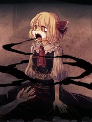 Rule 34 | 1girl, ascot, belt, black dress, blonde hair, blood, blood on clothes, blood on face, darkness, dress, hair ribbon, namuko, open mouth, puffy short sleeves, puffy sleeves, red eyes, ribbon, rumia, shirt, short sleeves, solo focus, touhou