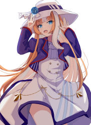 Rule 34 | 1girl, absurdres, akikawa yayoi (umamusume), blue eyes, dress, haruteru, hat, highres, jacket, long hair, looking at viewer, multicolored hair, open mouth, orange hair, outstretched arms, simple background, solo, spread arms, umamusume, white background