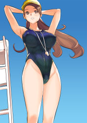 Rule 34 | 1girl, :o, abs, absurdres, armpits, arms behind back, arms behind head, blue sky, blush, breasts, brown hair, chair, collarbone, competition swimsuit, covered erect nipples, covered navel, day, dytm, floating hair, groin, hat, highleg, highleg swimsuit, highres, jewelry, large breasts, long hair, looking afar, necklace, one-piece swimsuit, original, outdoors, parted lips, pool monitor part-timer (dtym), skin tight, sky, solo, standing, summer, swimsuit, tareme, thighs, very long hair, whistle, wind, yellow hat