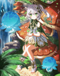 Rule 34 | 1girl, blush, cape, closed mouth, commentary request, cross-shaped pupils, detached sleeves, dress, feet, foot focus, foreshortening, forest, fungi (genshin impact), genshin impact, gradient hair, green cape, green eyes, green hair, green sleeves, grey hair, hair between eyes, hair ornament, highres, knees together feet apart, leaf hair ornament, legs, long hair, multicolored hair, mushroom, nahida (genshin impact), nature, no shoes, otomo no sachi, pointy ears, ponytail, side ponytail, sidelocks, sitting, sleeveless, sleeveless dress, smile, socks, soles, solo, stirrup legwear, symbol-shaped pupils, thighs, toeless legwear, toes, tree, water, waterfall, white dress
